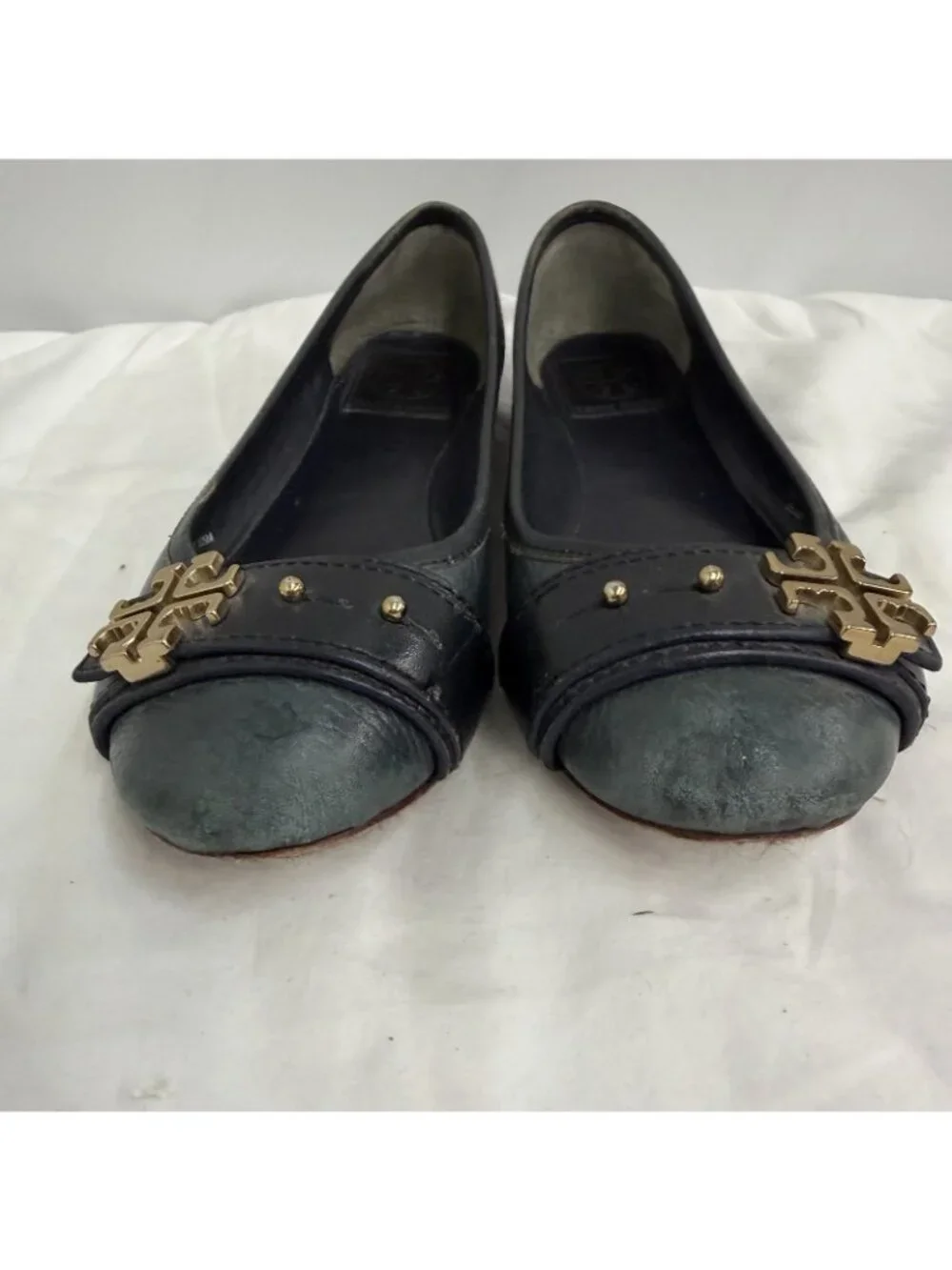 Tory Burch Reva Faded Teal Leather Ballet Flats Gold Logo Medallion Women’s 6.5M